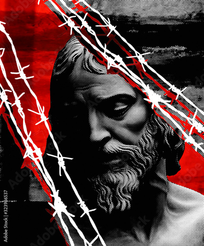 modern Jesus, castigated and sad Christ, holy son of God, Portrait of the Christ over the bloody red sky embedded with barbwire, faith and war  photo