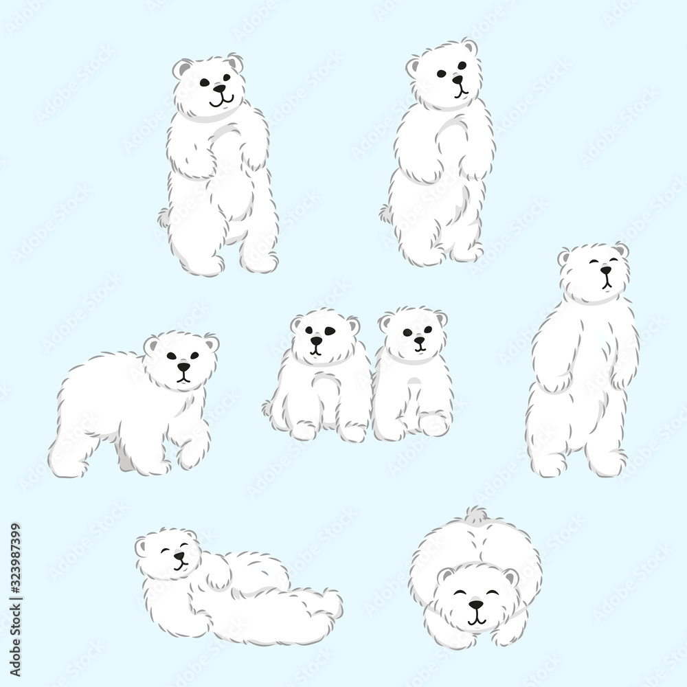 set of cute furry polar bears, isolated cartoon wild animals from  Red List, extinction problem, editable vector illustration for decoration, book, banner, poster, print	