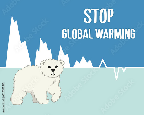 cute furry polar bear on arctic background, wild animal from Red List, global warming concept poster, extinction problem, editable vector illustration for decoration, book, banner, print	