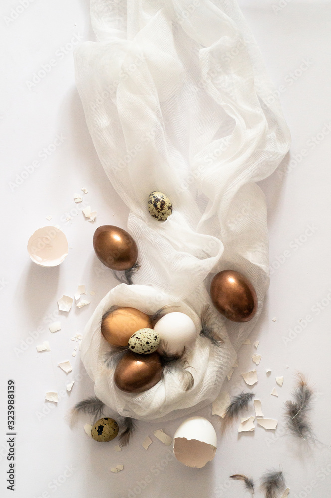 Totally white. Easter eggs on a white cloth. Egg shell. Easter concept Totally white. Easter eggs on a white cloth. Egg shell. Easter concept