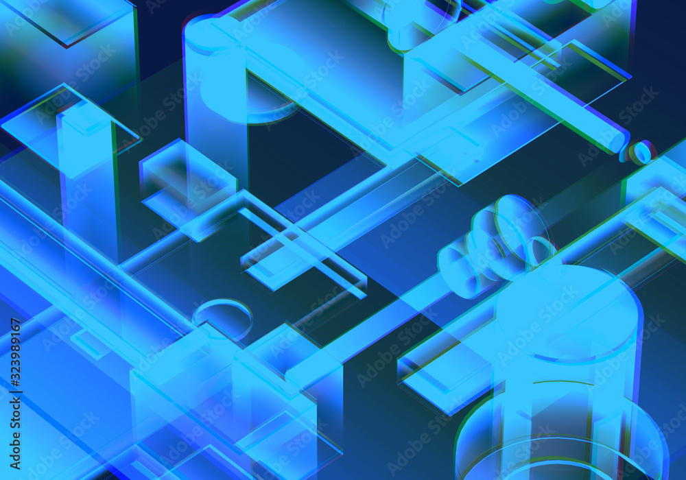 Fototapeta premium Cyber blue isometric neon city virtual reality background. Abstract technology innovation future digital background. 3d rendering.