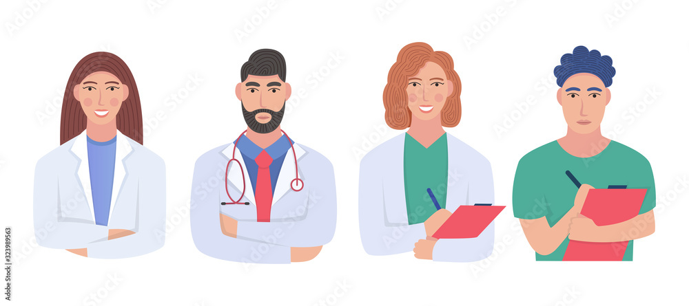 Bundle of friendly doctors wearing white coats and scurbs. Set of portraits of male and female medical workers, medics and paramedics - surgeons, physicians, nurses. Flat vector illustration. Bundle of friendly doctors wearing white coats and scurbs. Set of portraits of male and female medical workers, medics and paramedics - surgeons, physicians, nurses. Flat vector illustration.