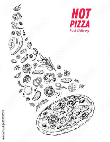 Italian pizza and ingredients. Italian food menu design template. Italian food, pizzeria menu design template. Vintage hand drawn sketch vector illustration. Engraved image.