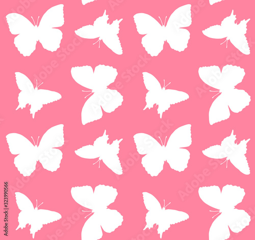 Vector seamless pattern of white butterfly silhouette isolated on pink background
