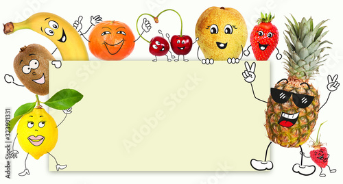 Fototapeta Naklejka Na Ścianę i Meble -  Fruits with cartoon character hold a sign