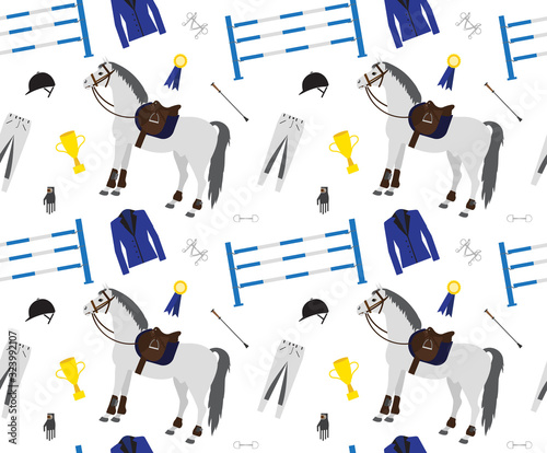 Vector seamless pattern of flat cartoon horse riding sport equipment isolated on white background