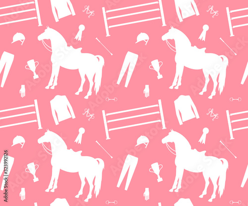 Vector seamless pattern of flat white horse riding sport equipment silhouette isolated on pink background