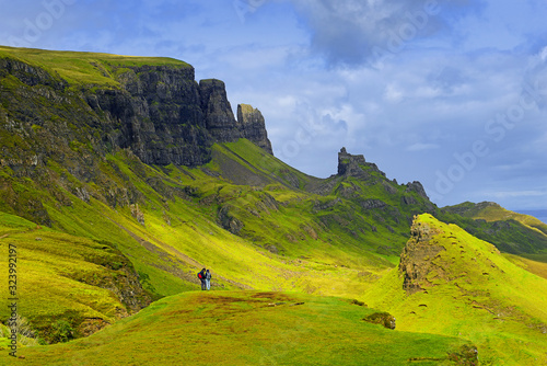 Landscape view of Quiraing mountains on Isle of Skye, Scottish highlands, Scotland, United Kingdom photo