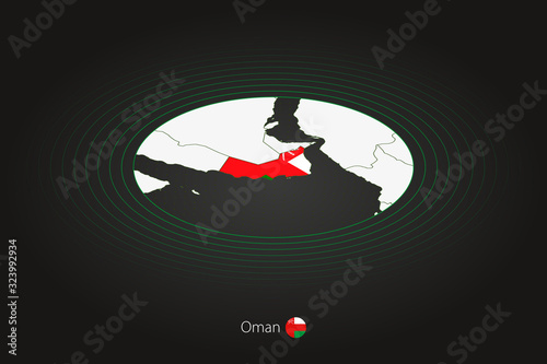 Oman map in dark color, oval map with neighboring countries.