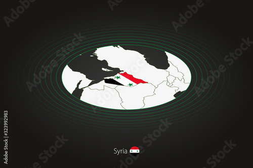 Syria map in dark color, oval map with neighboring countries.