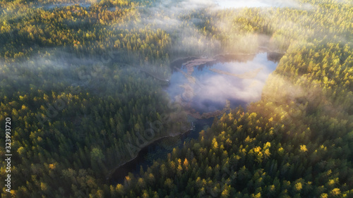 Early misty morning  sunrise over lake. Rural landscape in summer. Aerial view. Finland  Nuuksio. 