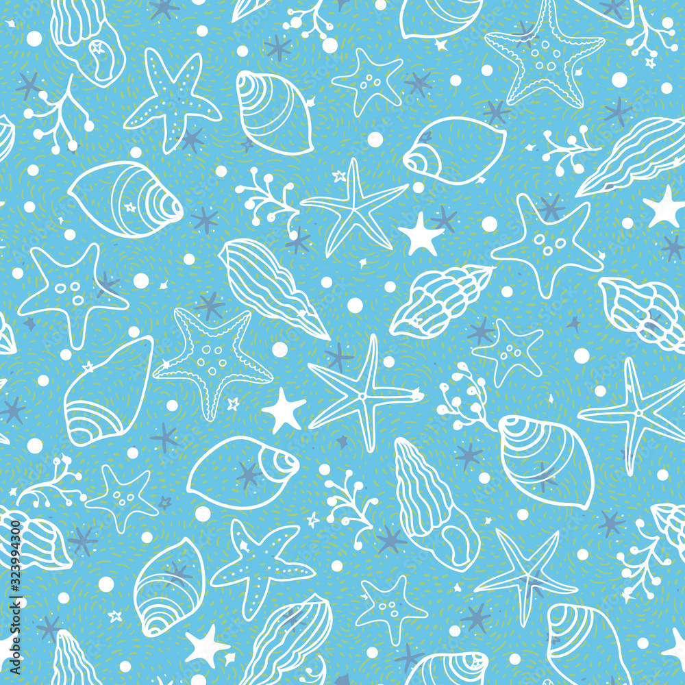 Vector texture sea shell pattern, underwater summer mood, star fish, shell on textured beachy background. Costal design for your perfect holiday. Nature background. Print, fabric, stationary.