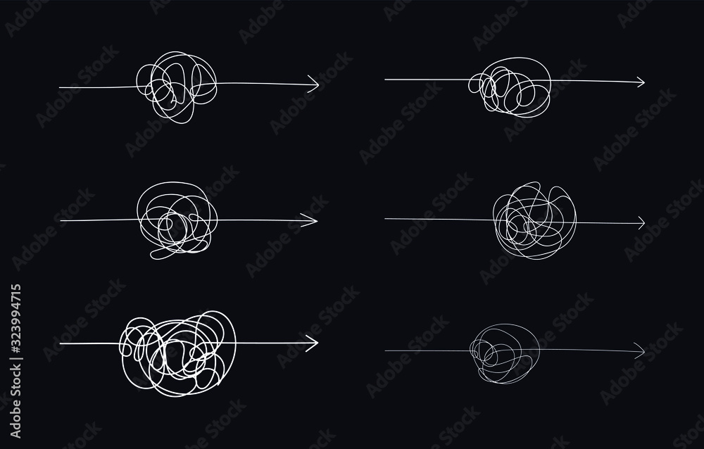 Set of white linear arrows with messy knot in center isolated on black background. Symbol of difficult way with tangle knot, vector illustration Set of white linear arrows with messy knot in center isolated on black background. Symbol of difficult way with tangle knot, vector illustration