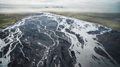 Drone perspective Of Glacier River In Iceland on the way to Thórsmork, Highlands.