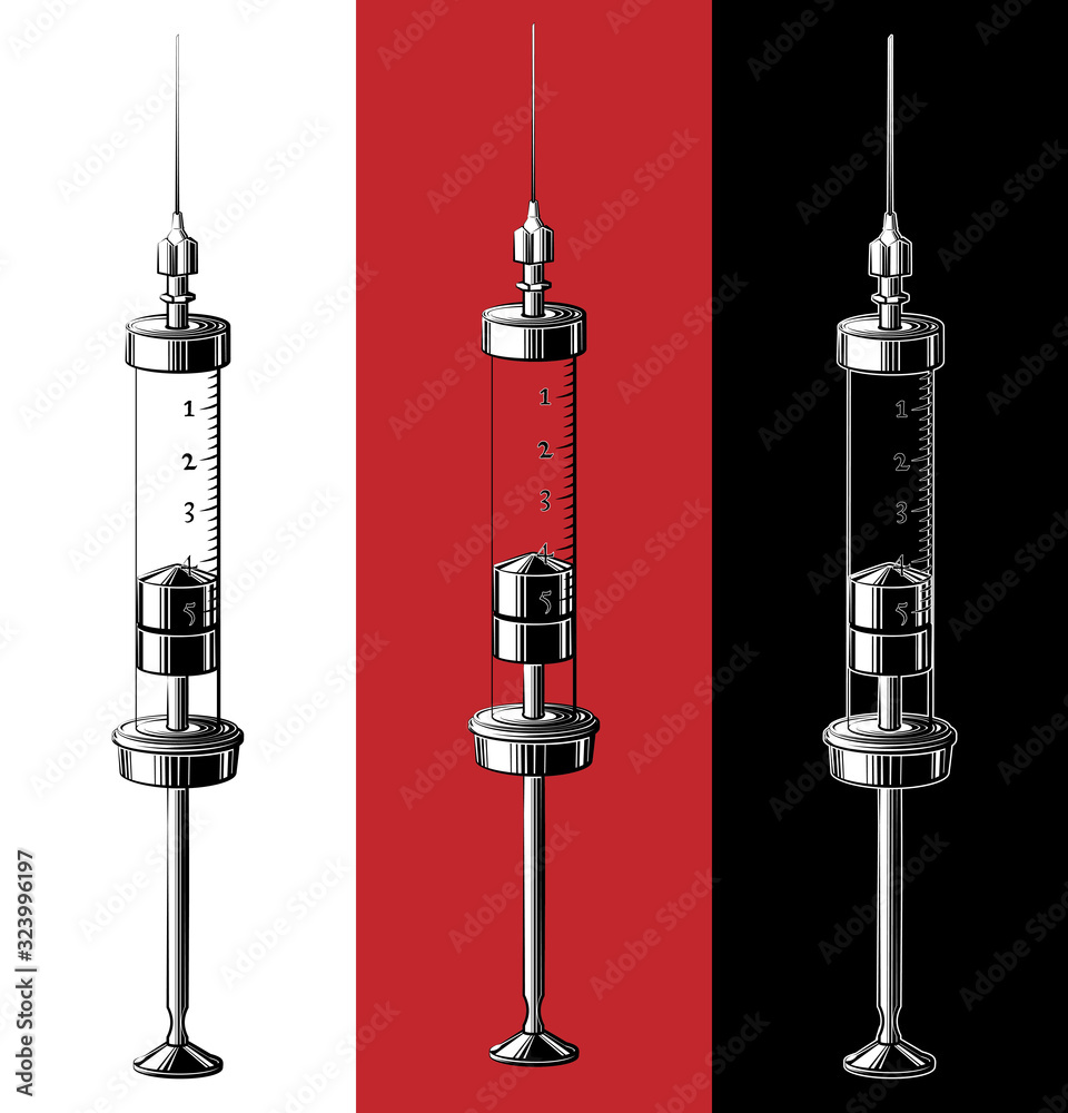 Glass syringe vector illustration in black and white. Hand drawn