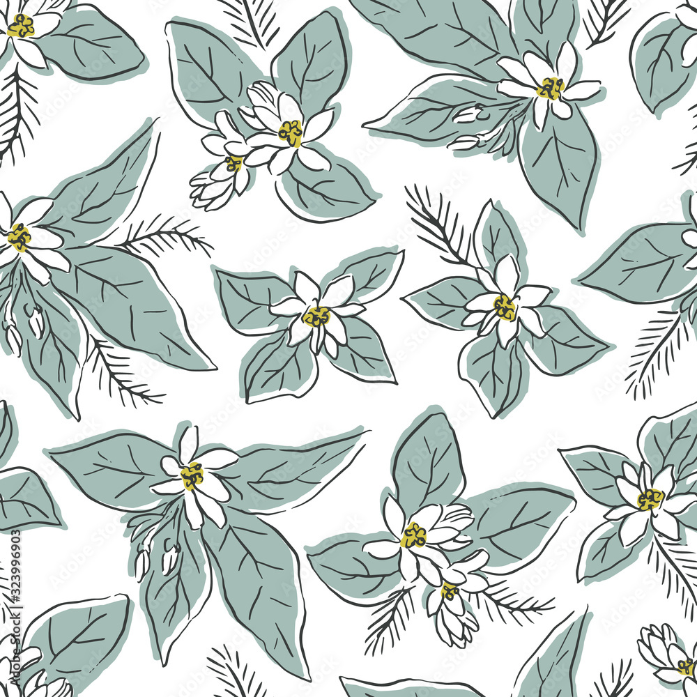 Vector orange blossom seamless pattern. Hand drawn botanical illustration perfect for wedding invitation, fabric, scrapbooking, wallpaper.