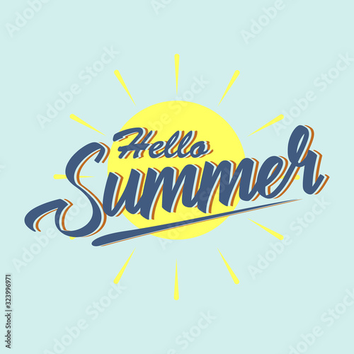 Hello summer vector banner design. Hello summer enjoy every moment text in sun element for tropical season with clouds element in blue background. Vector illustration