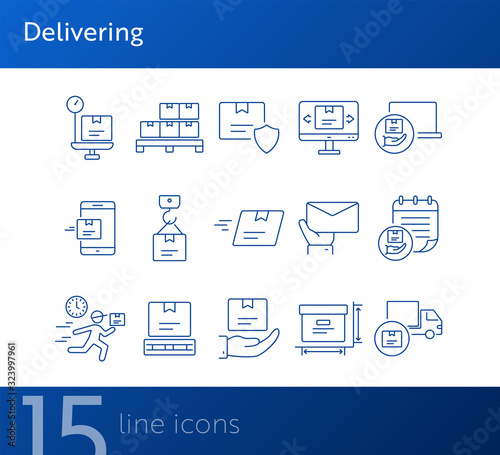 Delivering icons. Set of line icons. Fast package, mobile parcel, box weight. Logistics concept. Vector illustration can be used for topics like shipment, post service, freight