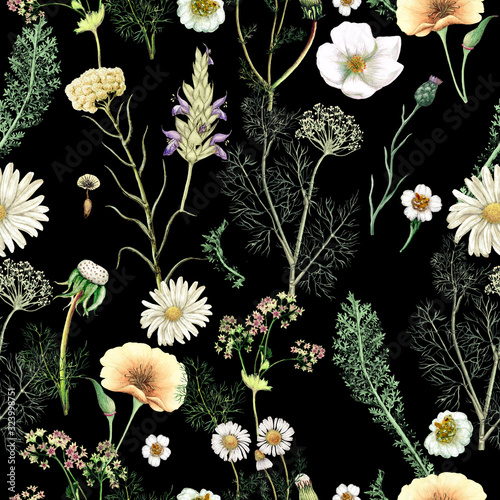 Watercolor seamless pattern of  hand drawn wildflowers