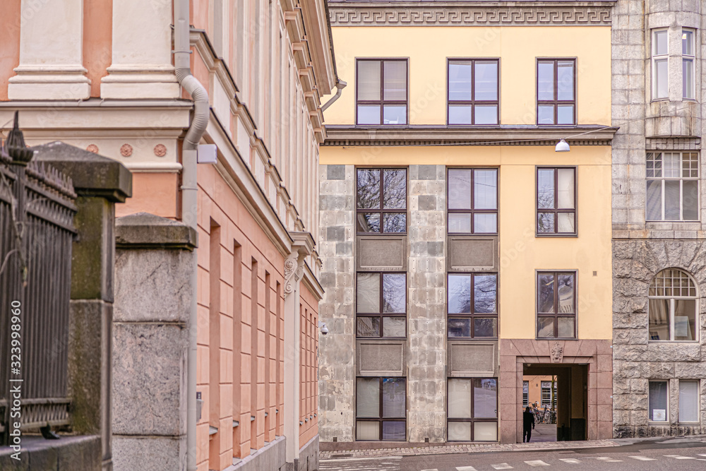 Windows in the buildings. Helsinki city architecture