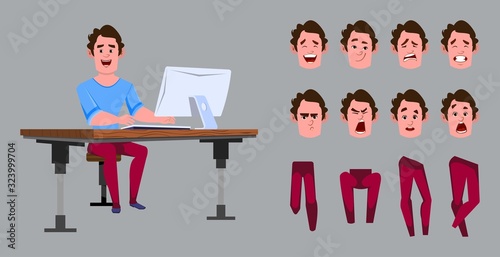 casual cartoon man worker for animation or motion with different facial emotions and hands. Office worker character set