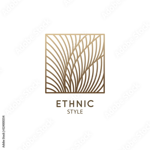 Tropical plant logo. Outline emblem of flower or feather in square, linear style. Vector abstract badge for design of natural product, flower shop, cosmetics, ecology concepts, health, spa, yoga