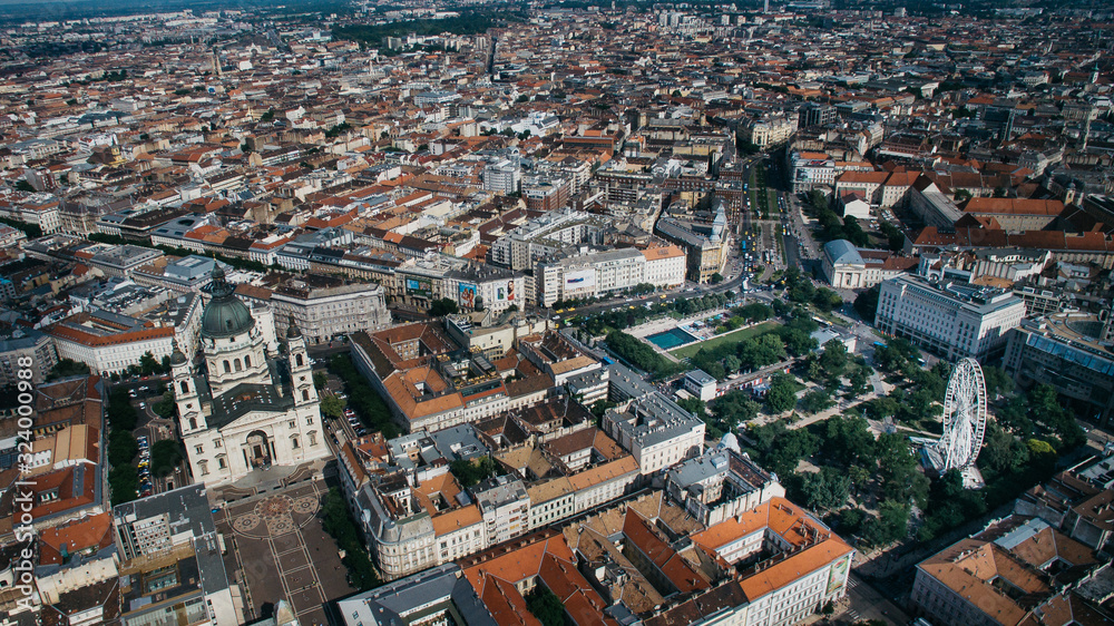 Aerial panoramic skyline view of St.Stephen's Basilica Deák Ferenc square, Hungary