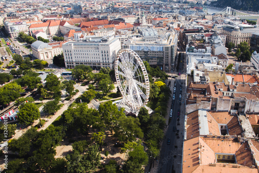 Aerial drone view of Budapest Eye Ferris Wheel, Deak Ferenc Ter Square  Budapest Stock Photo | Adobe Stock