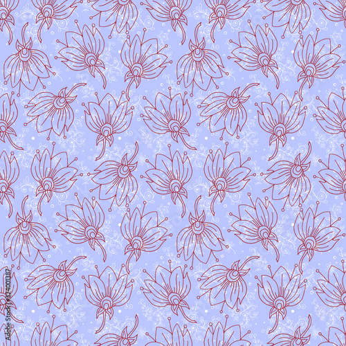 Sunny pastel floral print. Seamless background.  Cute wight little twig on blue.  Vector illustration.