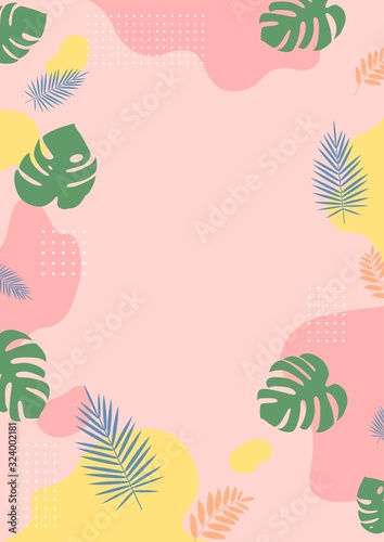 Minimal pastel pink and yellow tropical summer background with monstera and palm leaves