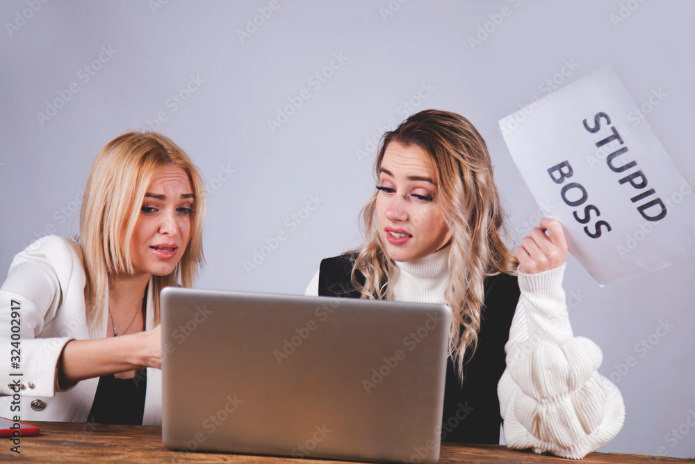 Unstable female boss aggressive gesturing and screaming at her employee. Young employee holding sign Stupid boss. Unstable female boss aggressive gesturing and screaming at her employee. Young employee holding sign Stupid boss.