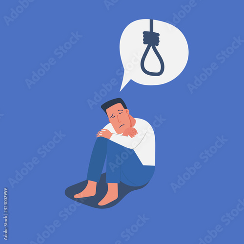 sad and unhappy young man in depression sitting on his knees, lonely boy with hanging rope for suicide on mind, sorrow, mental health concept, cartoon male character vector flat illustration