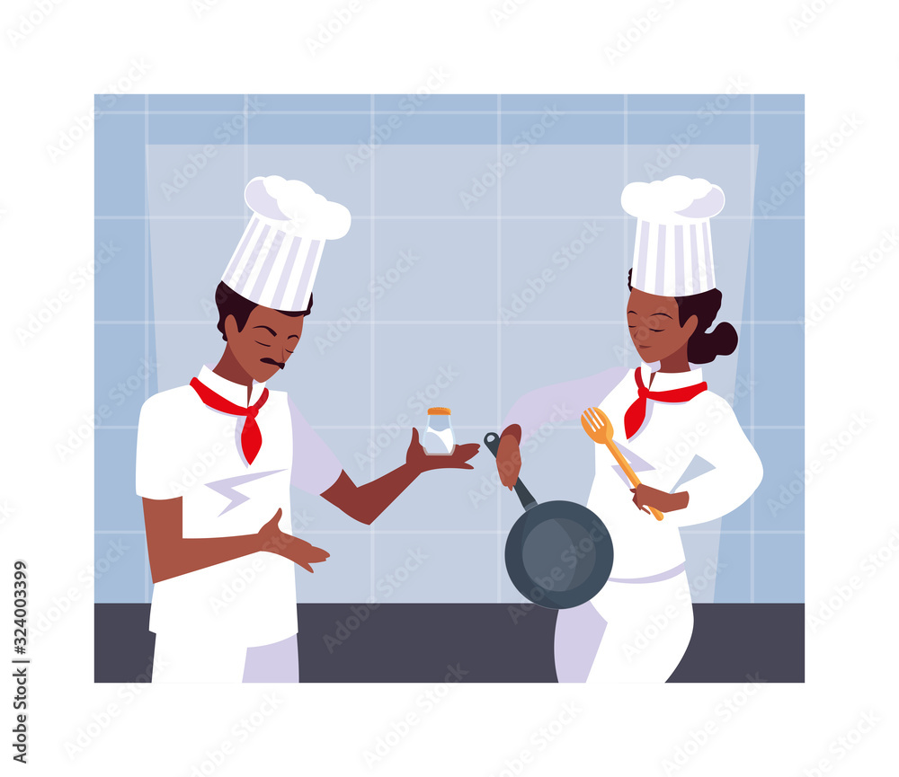 couple of people cooking, a couple of chef with white uniform