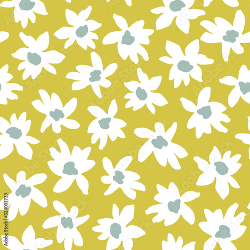 Vector seamless pattern of bold graphic floral print. Retro style simple white daisy flowers on lemon yellow background.