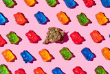 recreational marijuana with gummy bears on a pink background