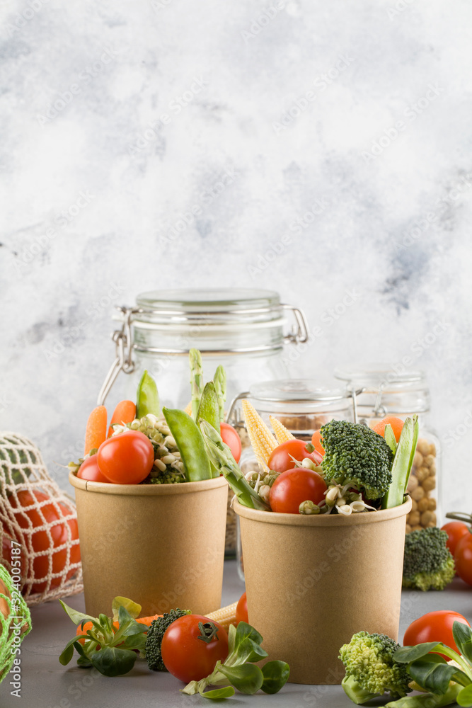 Healthy food in disposable eco friendly food packaging. Healthy food in disposable eco friendly food packaging.