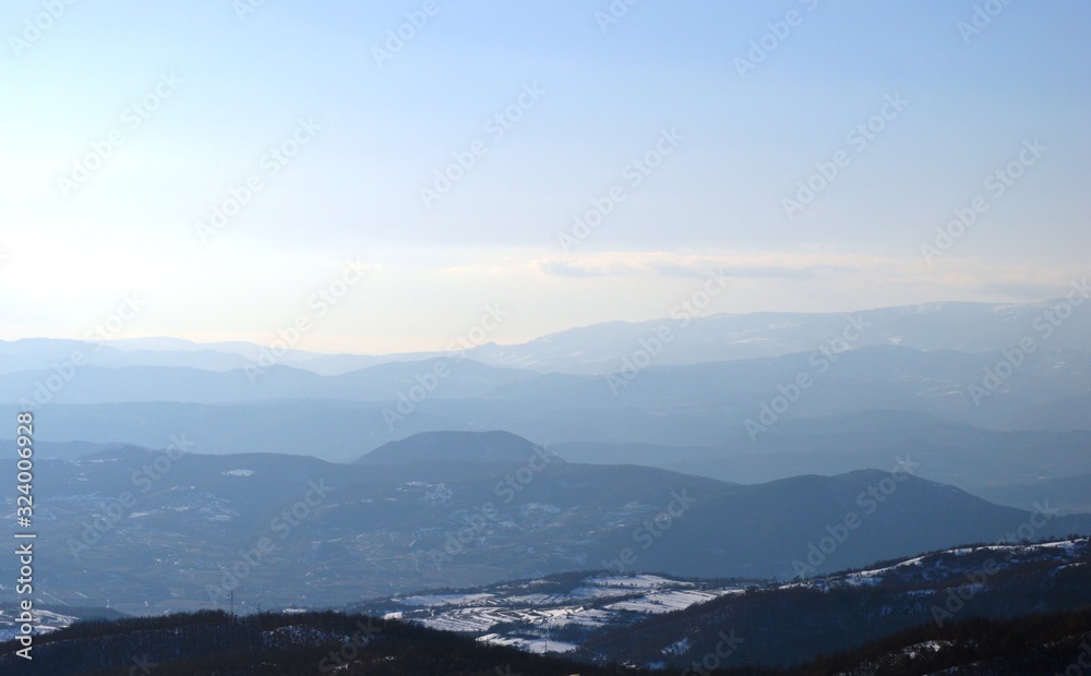 the landscape of the hills, in winter