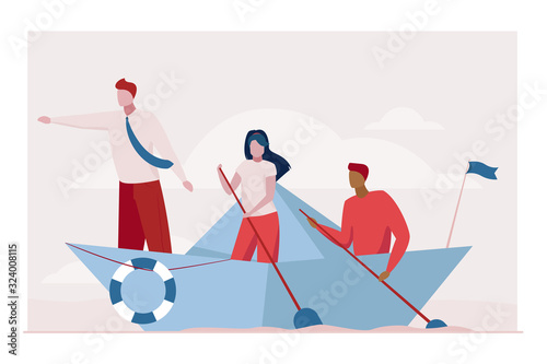 Business team rowing boat. Leader pointing hand forward flat vector illustration. Teamwork, travel, leadership concept for banner, website design or landing web page