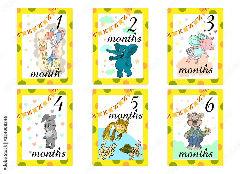 Baby Months Cards. Set of cute stickers with animals for babies