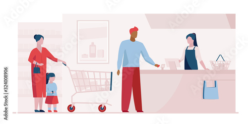Queue at checkout in supermarket. Customers, cashier, check register flat vector illustration. Shopping, grocery store, payment concept for banner, website design or landing web page