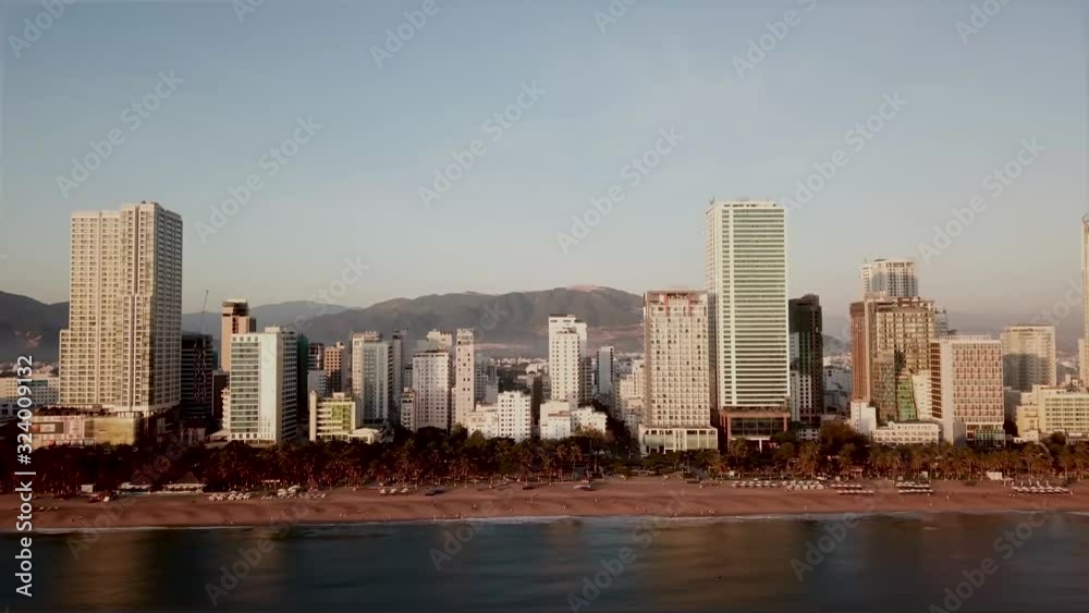 View of the city beach and skyscrapers of Nha Trang, from the height of the building View of the city beach and skyscrapers of Nha Trang, from the height of the building