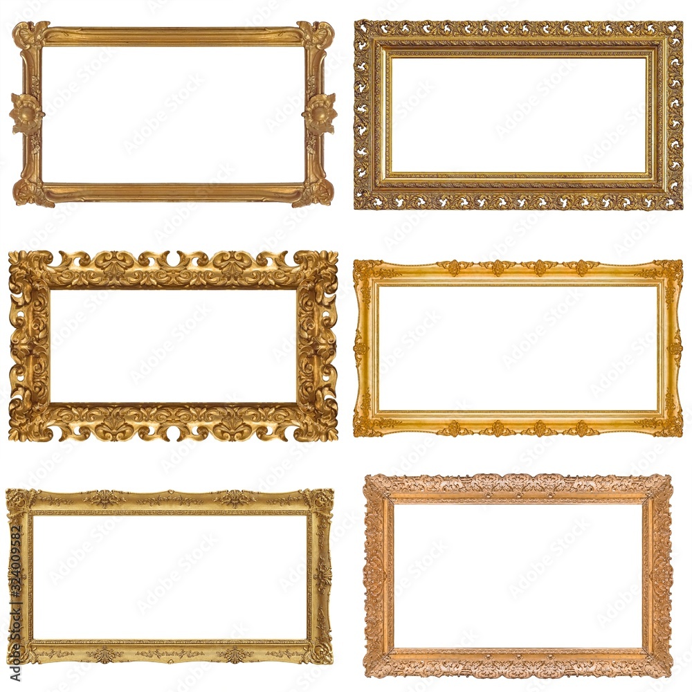 Set of panoramic golden frames for paintings, mirrors or photo isolated on white background Set of panoramic golden frames for paintings, mirrors or photo isolated on white background