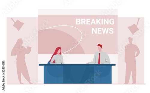 News anchors on breaking news background. Presenter, journalists, partners flat vector illustration. TV show, studio, broadcasting concept for banner, website design or landing web page