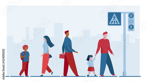 Pedestrians crossing street. Crosswalk, road sign, traffic light flat vector illustration. City, urban life, safety concept for banner, website design or landing web page