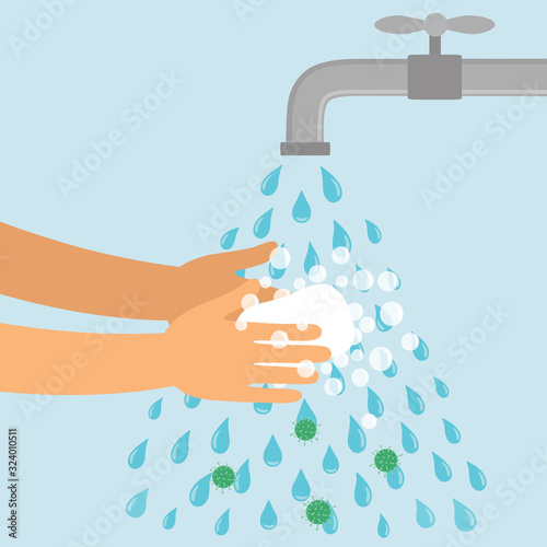 Washing hands under the faucet with soap, hygiene concept. Cleaning hands from germs, bacteria.