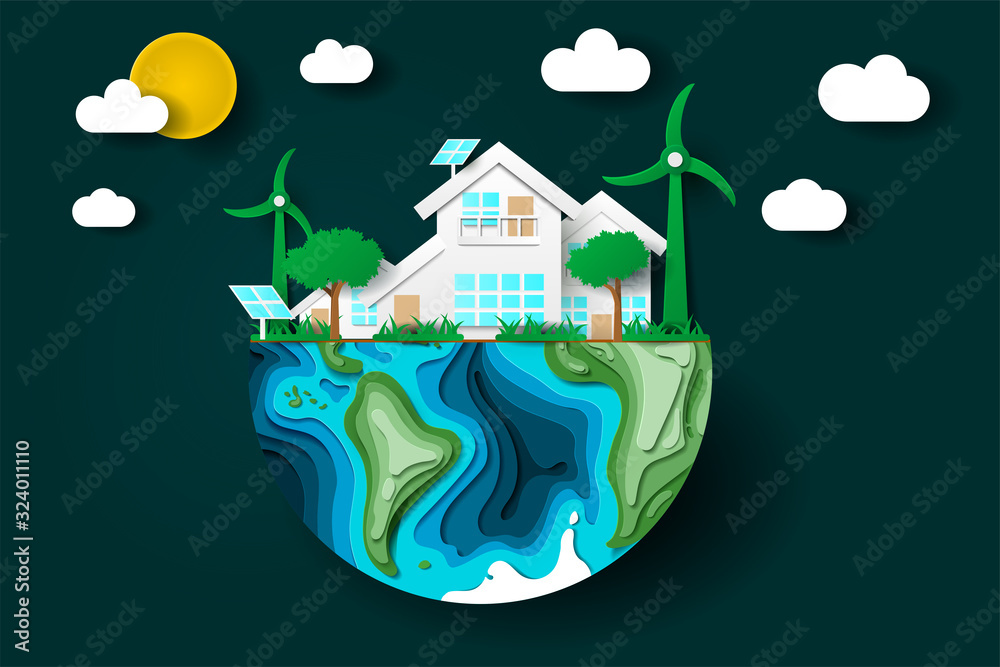 Green sustainable city with wind turbines and solar cells. Power saving ...