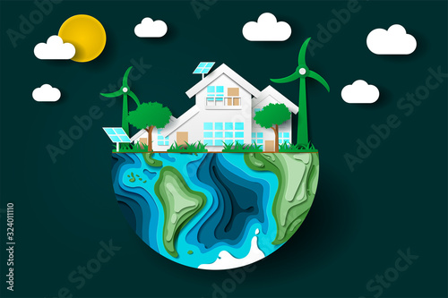 Green sustainable city with wind turbines and solar cells. Power saving, save the planet, earth day, renewable energy resources concepts. Vector illustration in paper cut origami style with 3D effect.