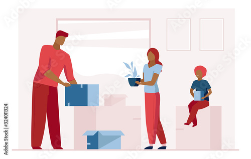 Family moving to new home. People unpacking boxes and carrying home plants flat vector illustration. Rent, mortgage, relocation concept for banner, website design or landing web page