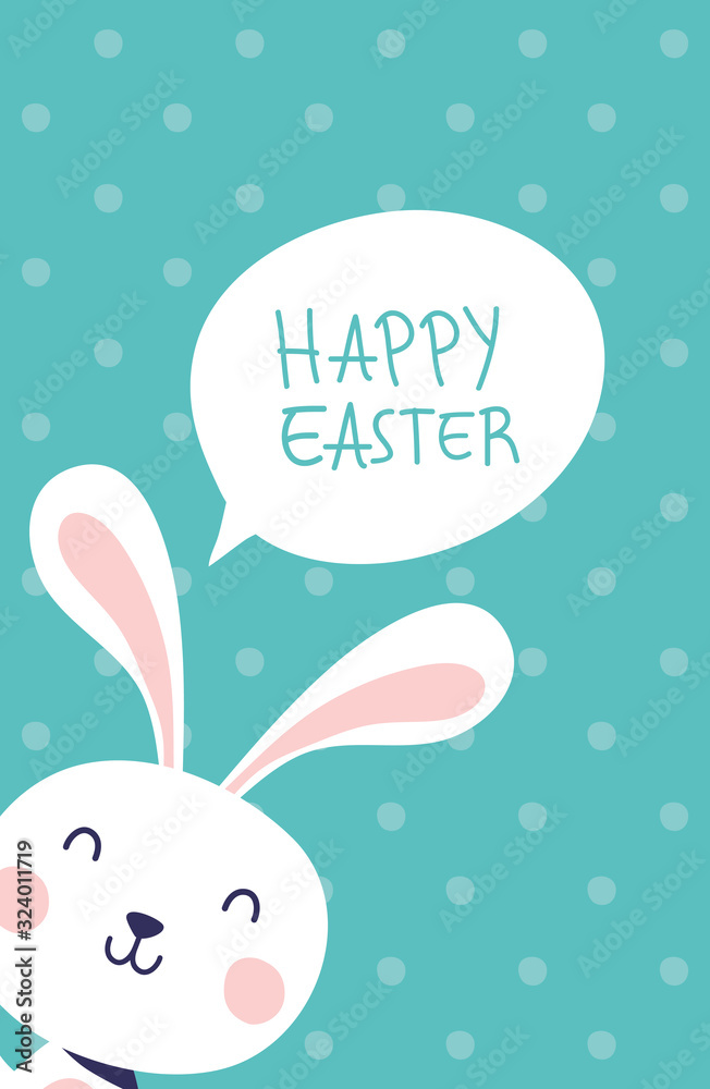 happy easter celebration card with rabbit and speech bubble
