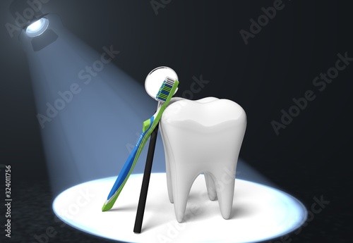 Human s white tooth and dentist mirror and toothbrush